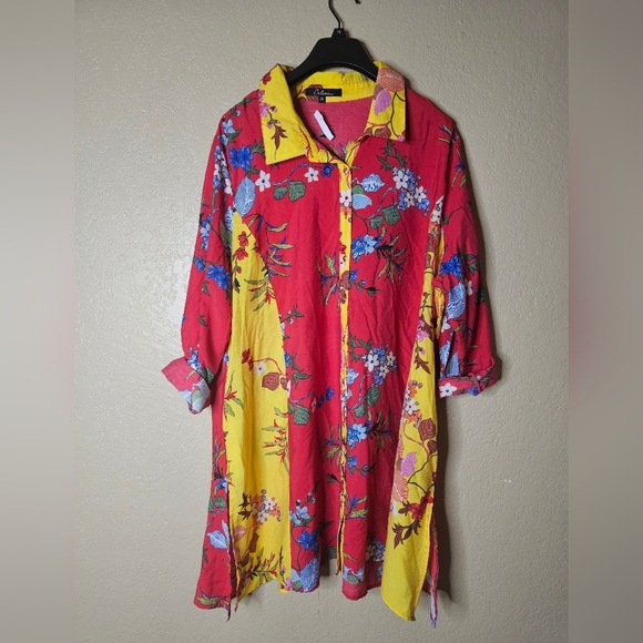 Chico's Dresses & Skirts - CALESSA Long Tunic Top Shirt Dress Button Up Abstract Artsy Pockets Size 2XL